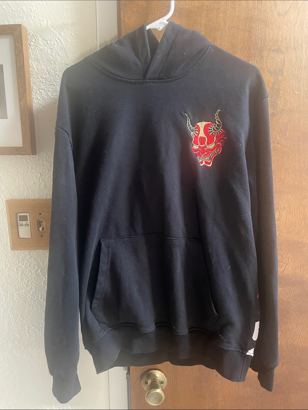 Black Hoodie with Red Oni Mask Embroidery - youth 2x woman L Men's M